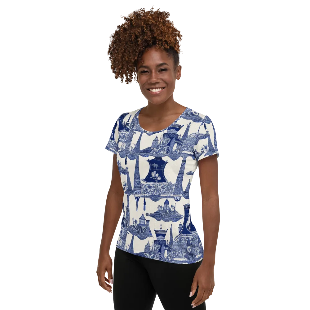 Cobalt Cabinet Garden on Women's Athletic T-Shirt — Left