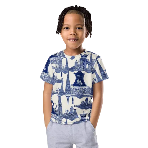 Cobalt Cabinet Garden on a Kids Crew Neck T-Shirt