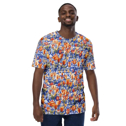 Cobalt Tulip Riot on a Men's Crew Neck T-Shirt