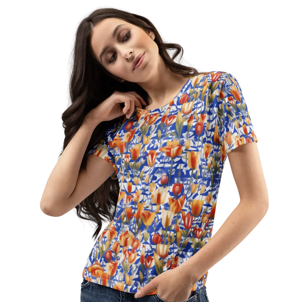 Cobalt Tulip Riot on Women's Crew Neck T-Shirt — Left Front