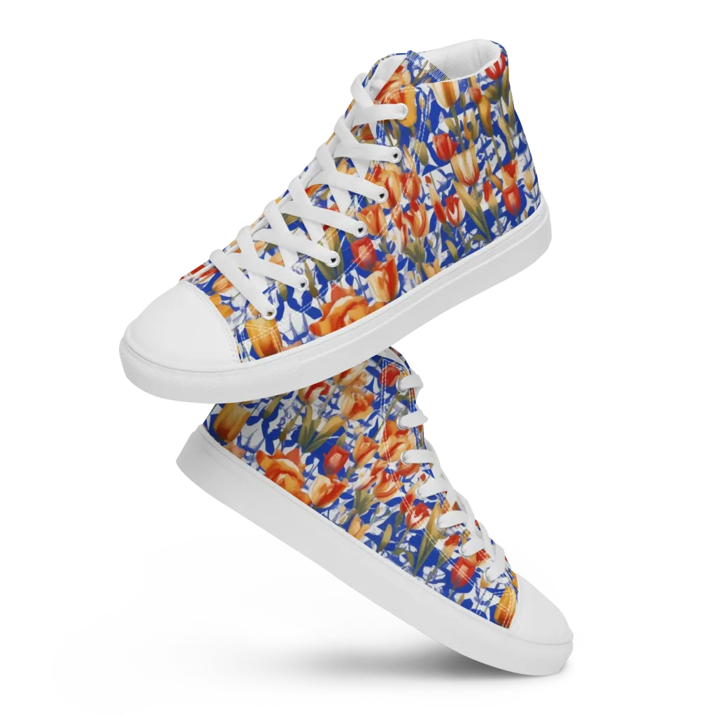 Cobalt Tulip Riot on Women's High Top Canvas Shoes — Front