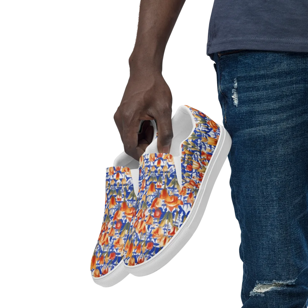 Cobalt Tulip Riot on Men's Slip-On Canvas Shoes — Left Front