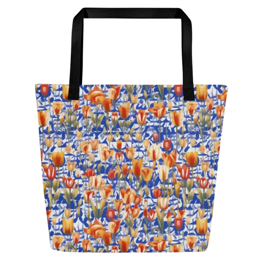 Cobalt Tulip Riot on a Large Tote Bag W/ Pocket