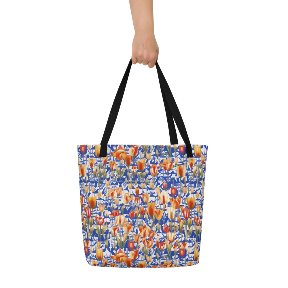 Cobalt Tulip Riot on Large Tote Bag W/ Pocket — Front