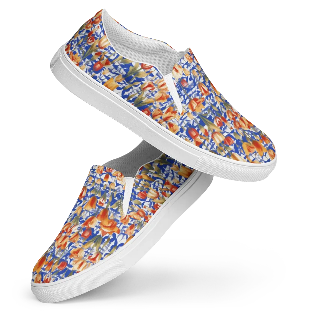 Cobalt Tulip Riot on Women's Slip-On Canvas Shoes — Front