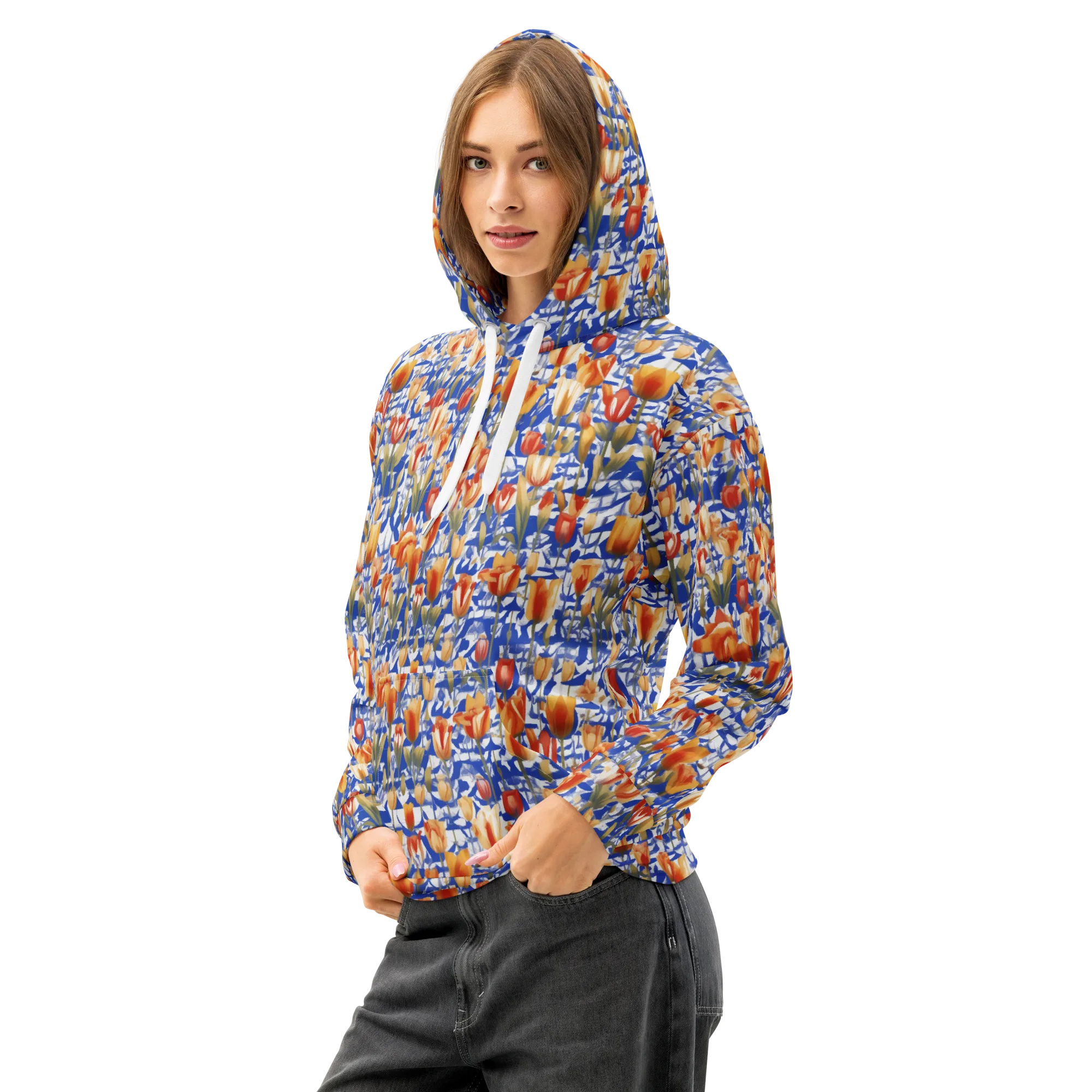 Cobalt Tulip Riot on Cotton Hoodie — Left Front