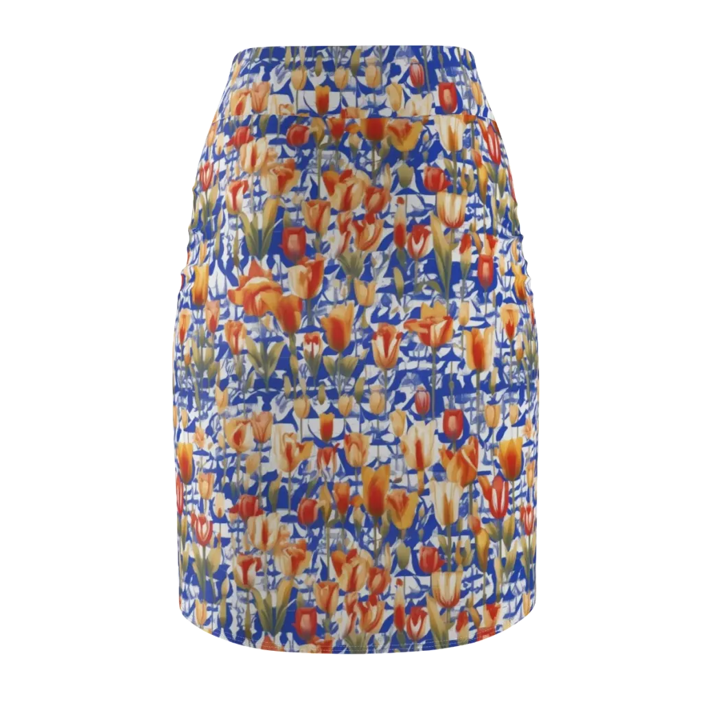 Cobalt Tulip Riot on Pencil Skirt — Back