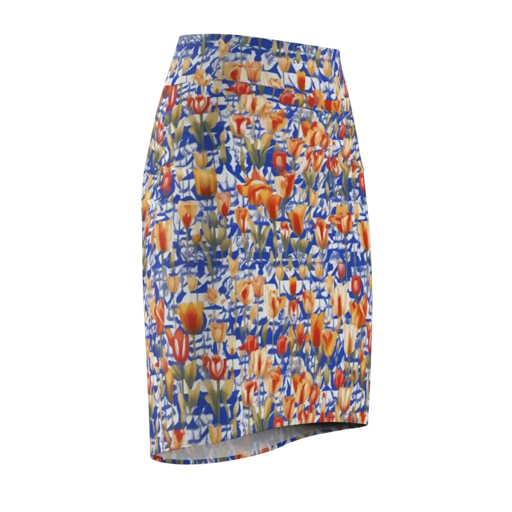 Cobalt Tulip Riot on Pencil Skirt — Front Side