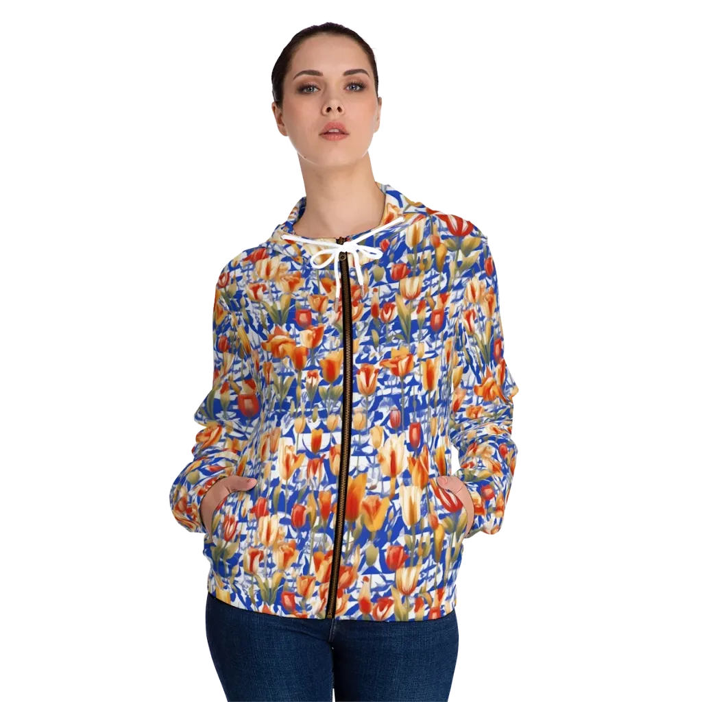 Cobalt Tulip Riot on Women's Full-Zip Hoodie — Front On Person
