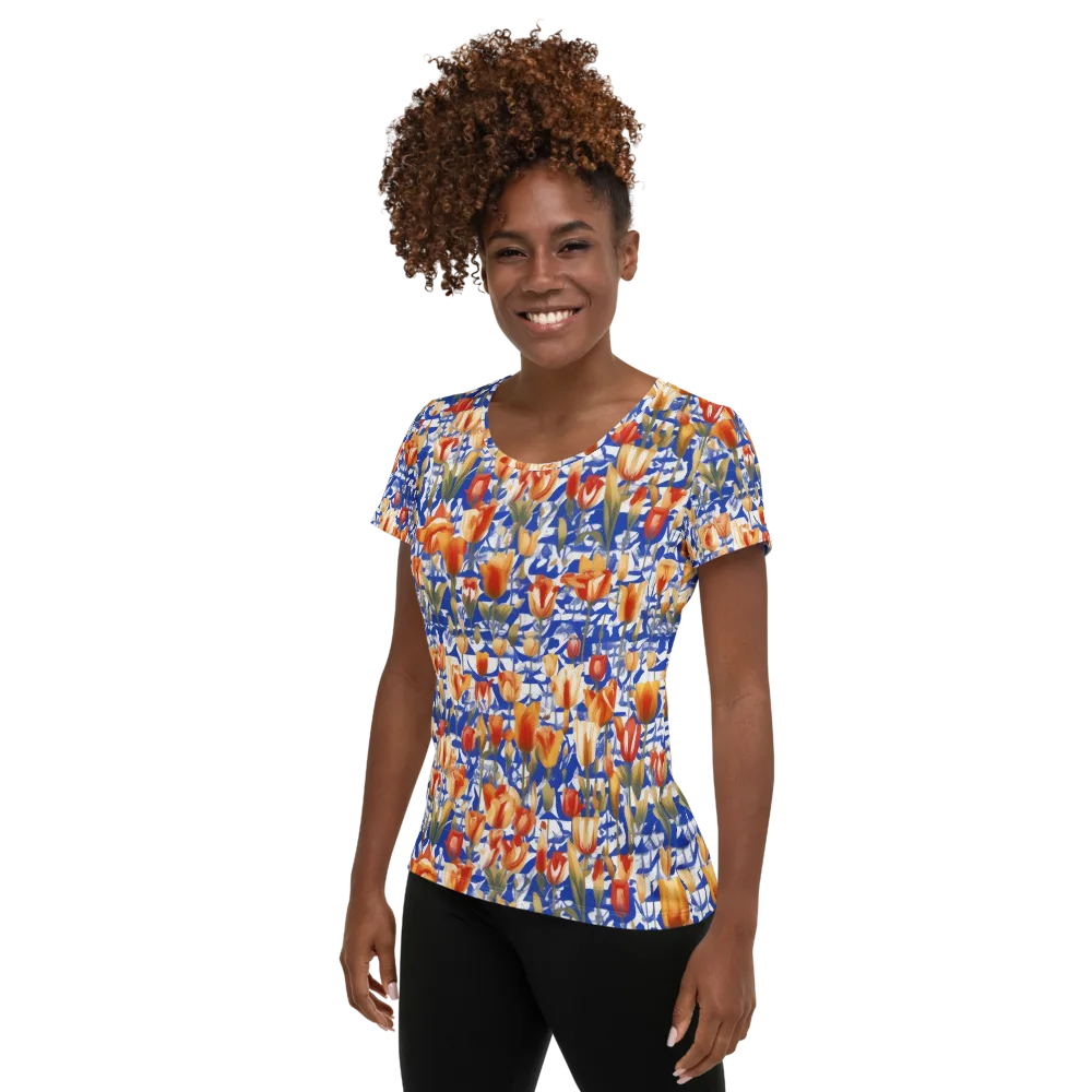 Cobalt Tulip Riot on Women's Athletic T-Shirt — Left