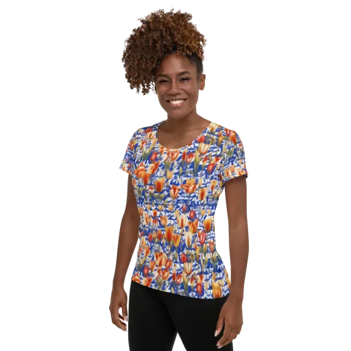 Cobalt Tulip Riot on a Women's Athletic T-Shirt