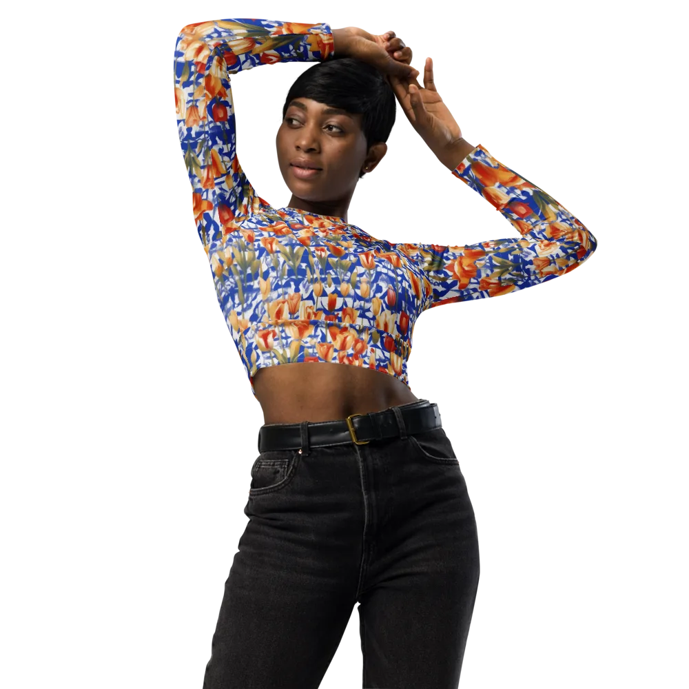 Cobalt Tulip Riot on Long Sleeve Crop Top — Front