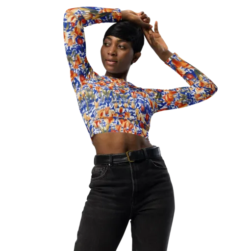 Cobalt Tulip Riot on a Long Sleeve Crop Top