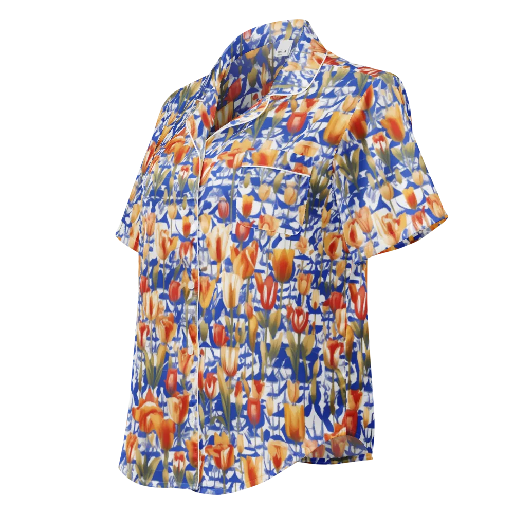 Cobalt Tulip Riot on Women's Short Sleeve Pajama Top — Left Front