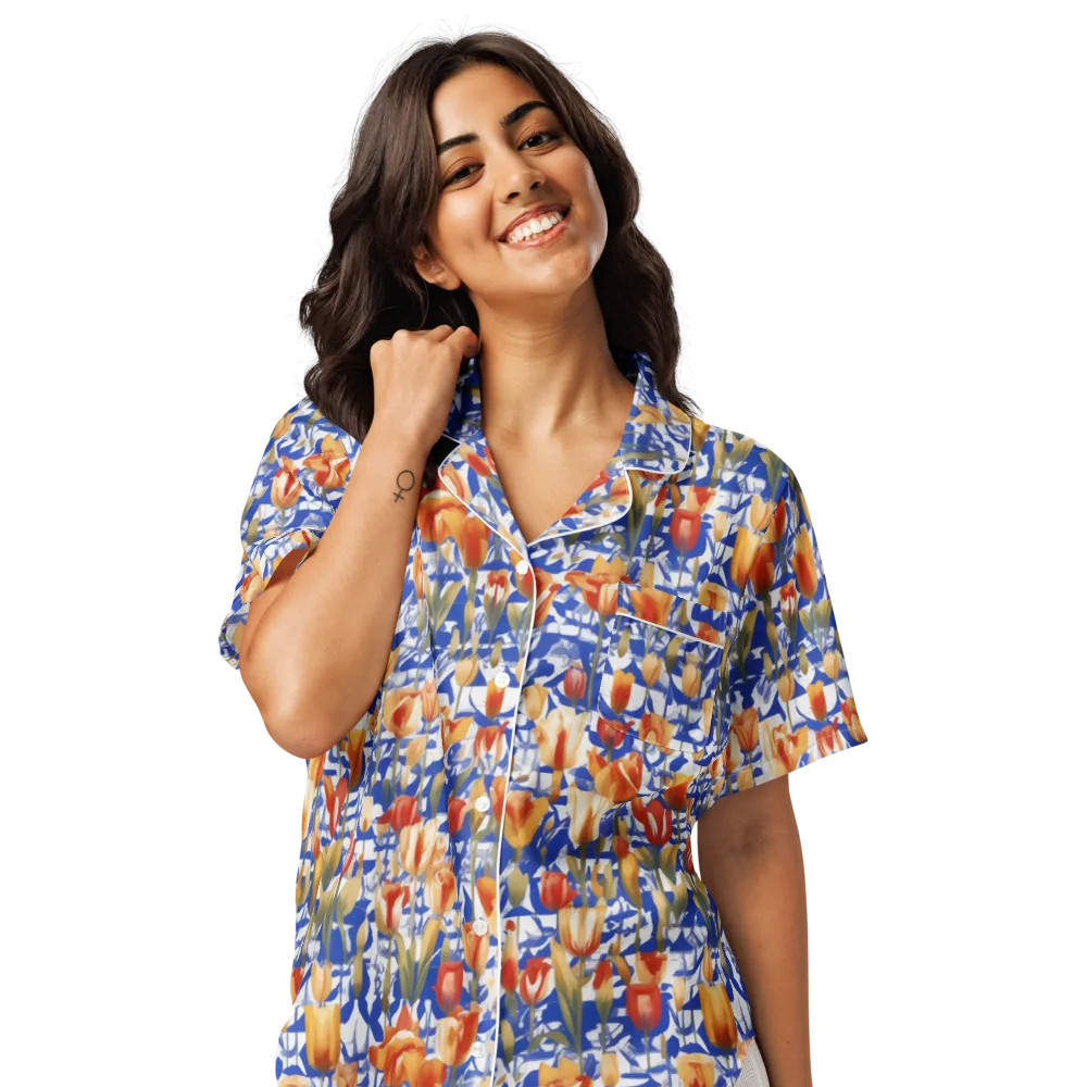 Cobalt Tulip Riot on Women's Short Sleeve Pajama Top — Front