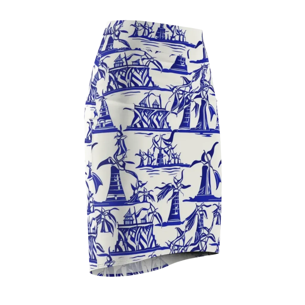 Cobalt Coastline on Pencil Skirt — Front Side