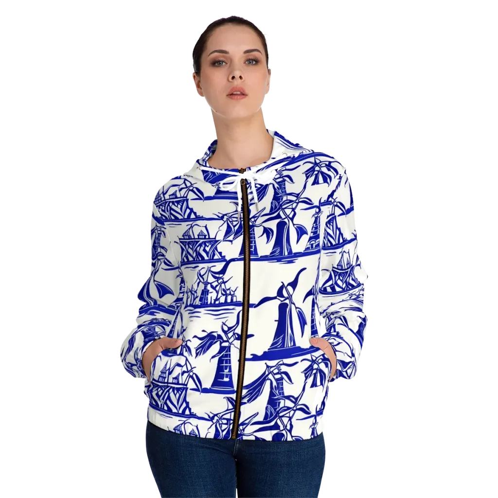 Cobalt Coastline on Women's Full-Zip Hoodie — Front On Person