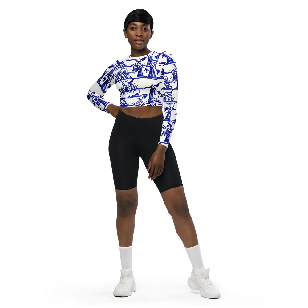 Cobalt Coastline on Long Sleeve Crop Top — Front