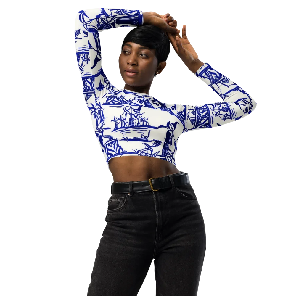 Cobalt Coastline on Long Sleeve Crop Top — Front