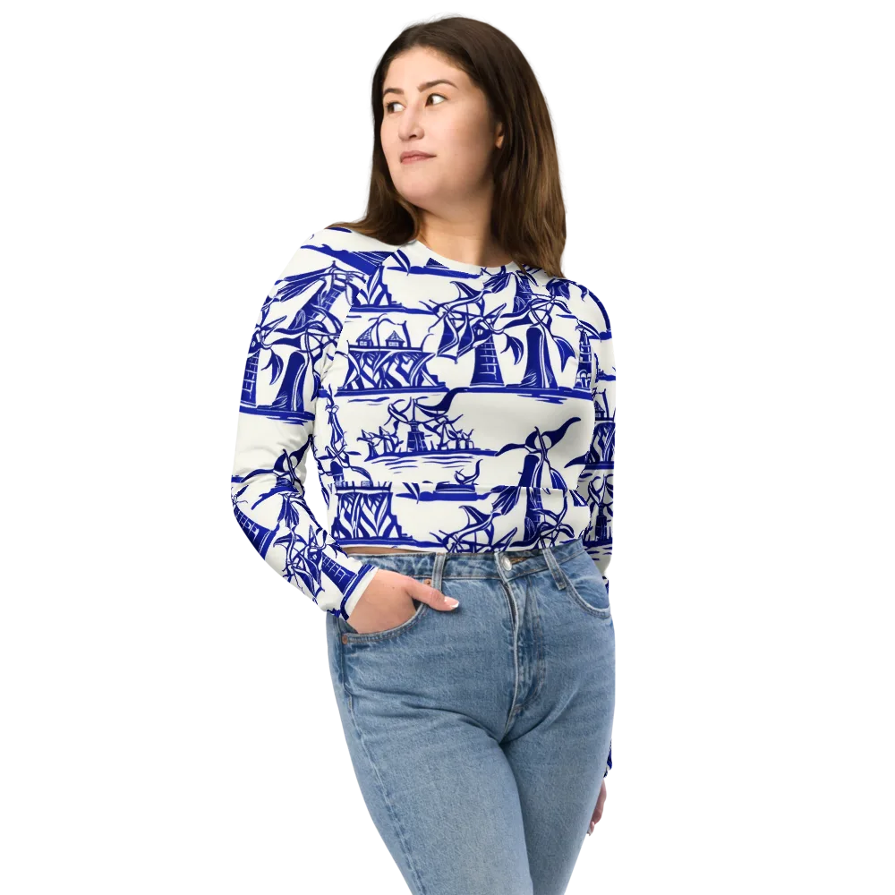 Cobalt Coastline on Long Sleeve Crop Top — Front