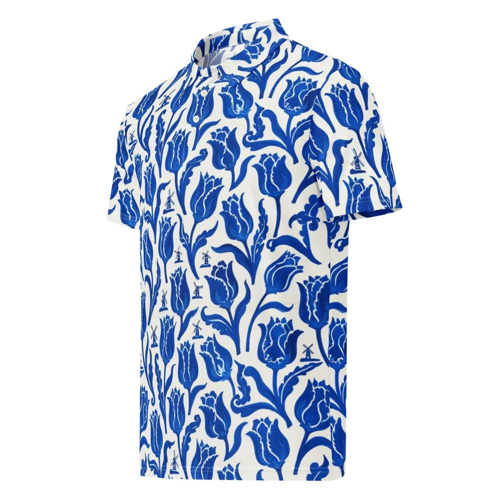 Blue Windmill Garden on Men's Slim Fit Polo Shirt — Left Front