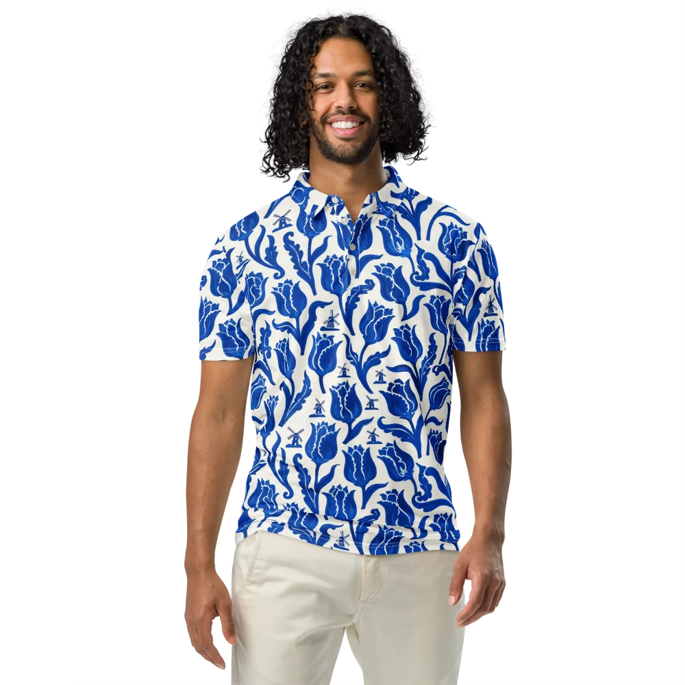 Blue Windmill Garden on Men's Slim Fit Polo Shirt — Front