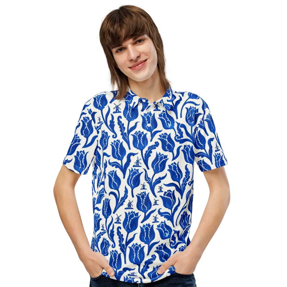 Blue Windmill Garden on Men's Slim Fit Polo Shirt — Front