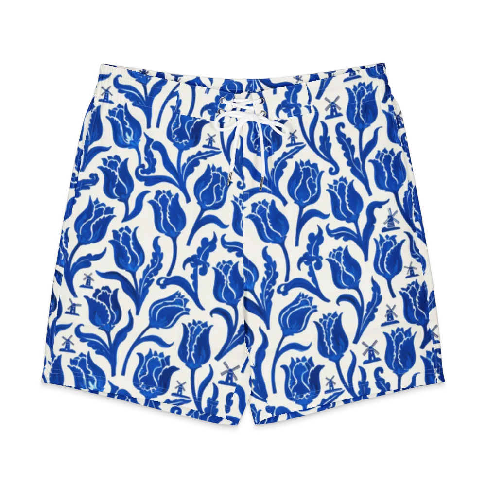 Blue Windmill Garden on Men's Board Shorts — Front