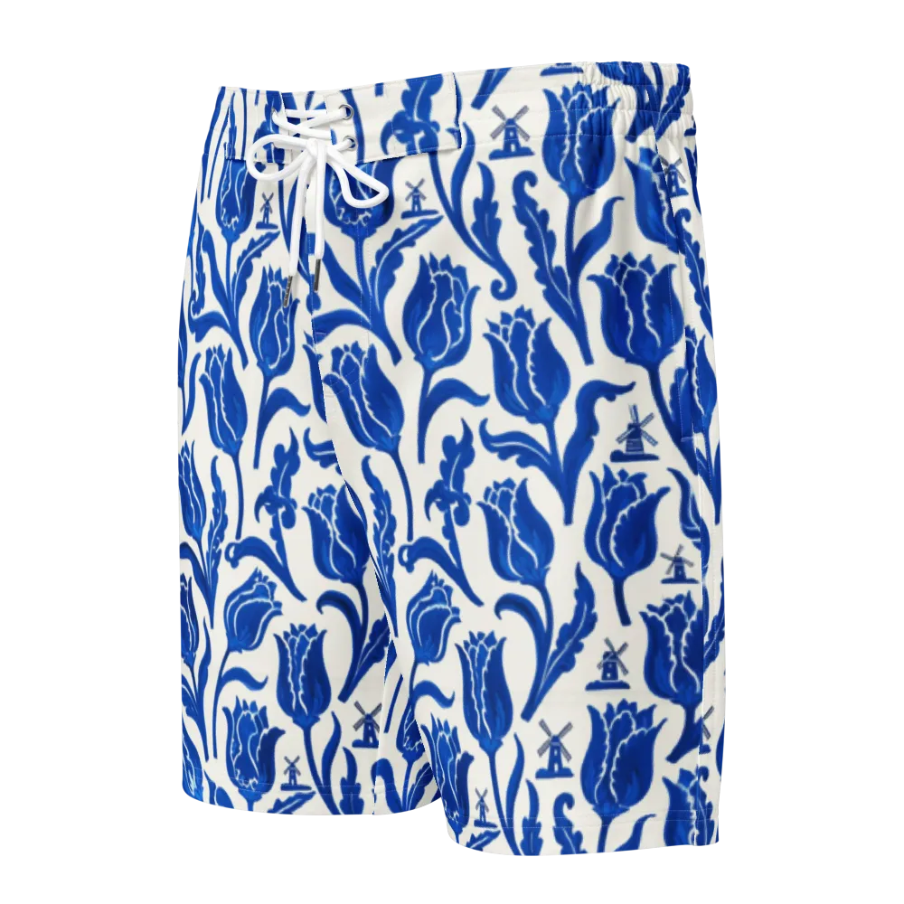 Blue Windmill Garden on Men's Board Shorts — Front