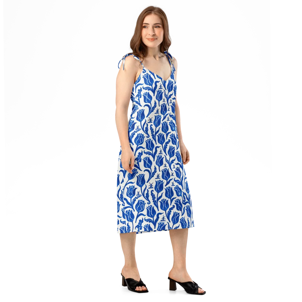 Blue Windmill Garden on Slip Dress — Right Front