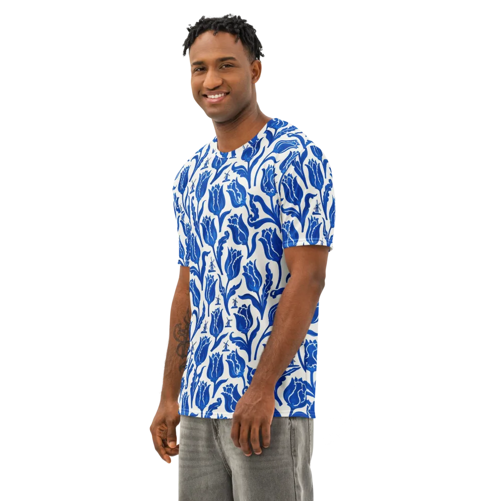 Blue Windmill Garden on Men's Cotton Crew Neck T-Shirt — Left Front