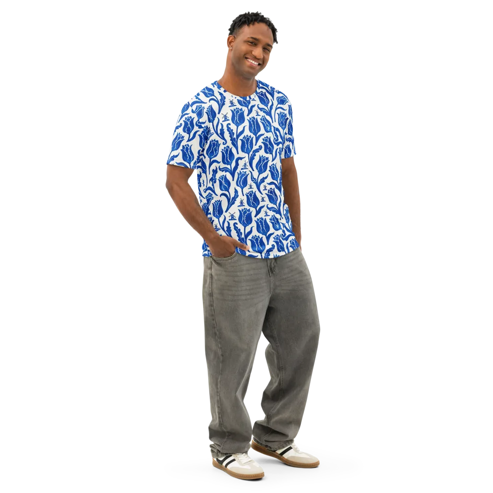 Blue Windmill Garden on Men's Cotton Crew Neck T-Shirt — Right Front