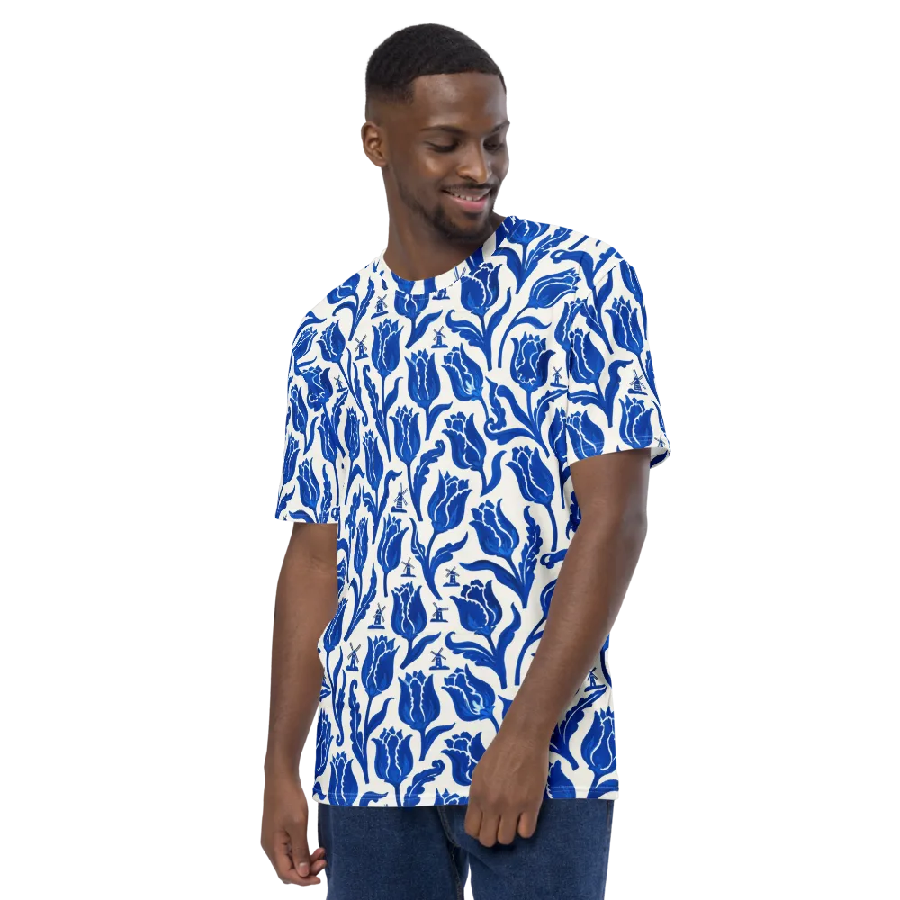 Blue Windmill Garden on Men's Crew Neck T-Shirt — Left