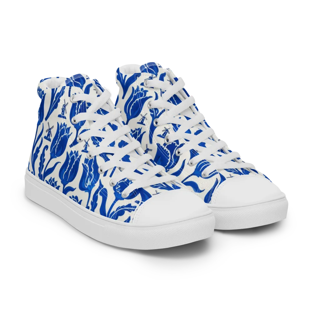 Blue Windmill Garden on Men's High Top Canvas Shoes — Right Front