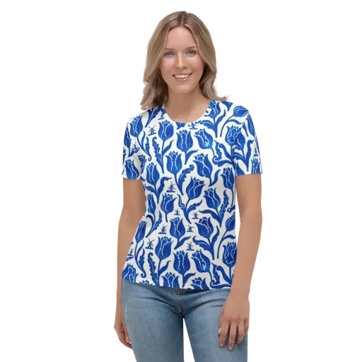Blue Windmill Garden on a Women's Crew Neck T-Shirt