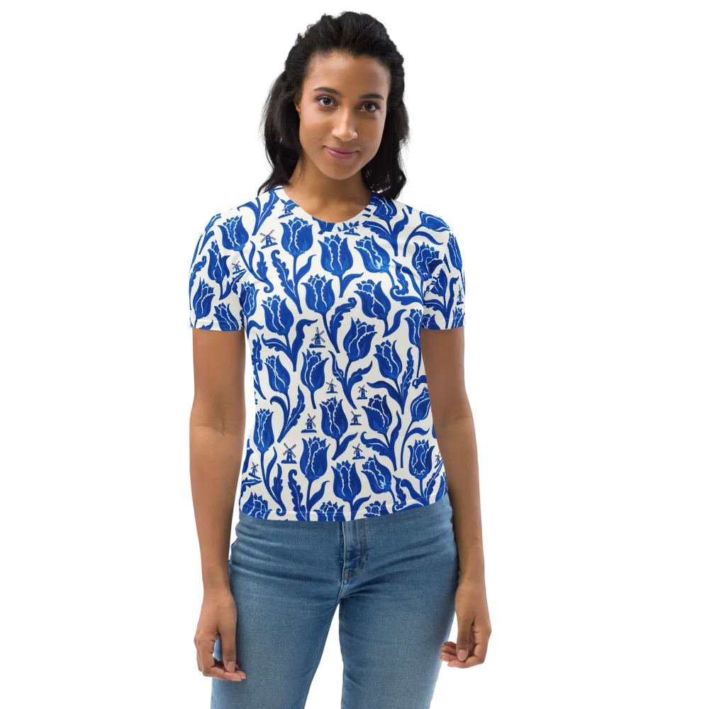 Blue Windmill Garden on Women's Crew Neck T-Shirt — Front