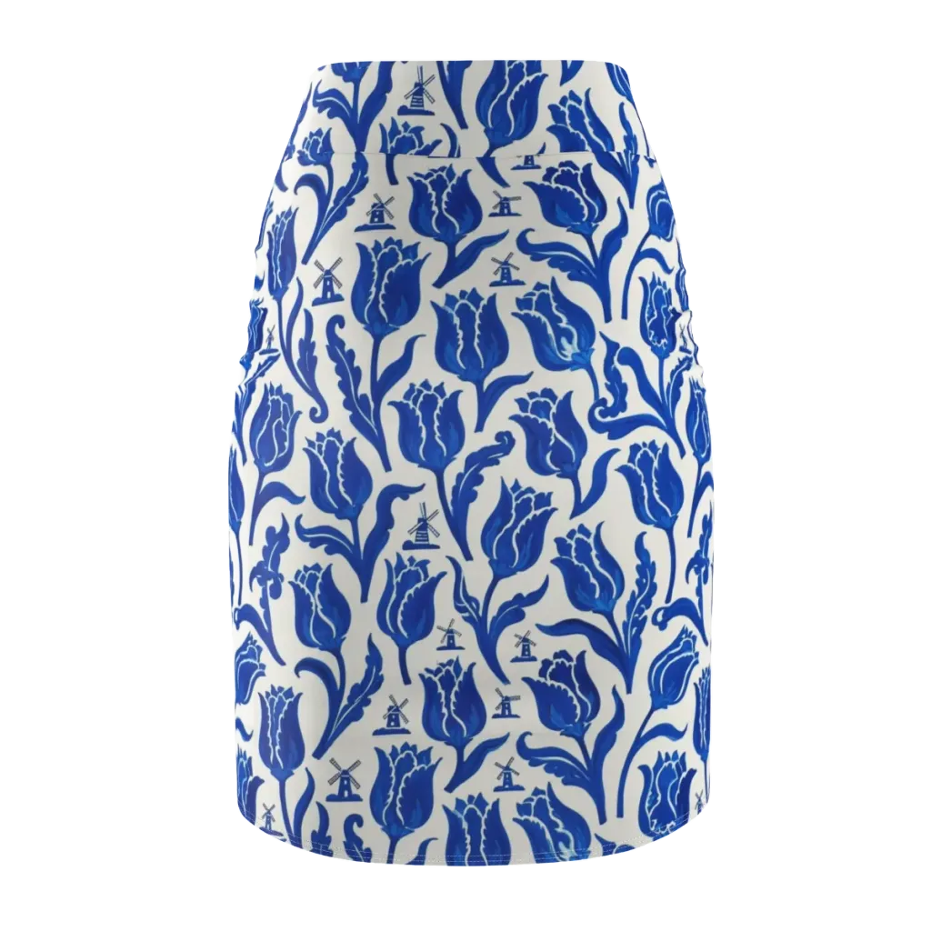 Blue Windmill Garden on Pencil Skirt — Back