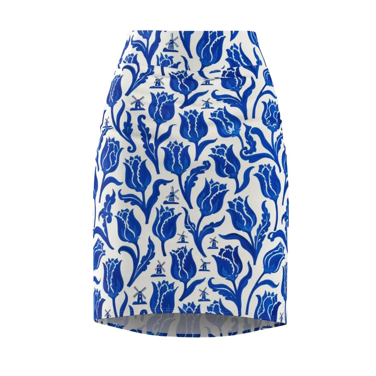 Blue Windmill Garden on Pencil Skirt — Front