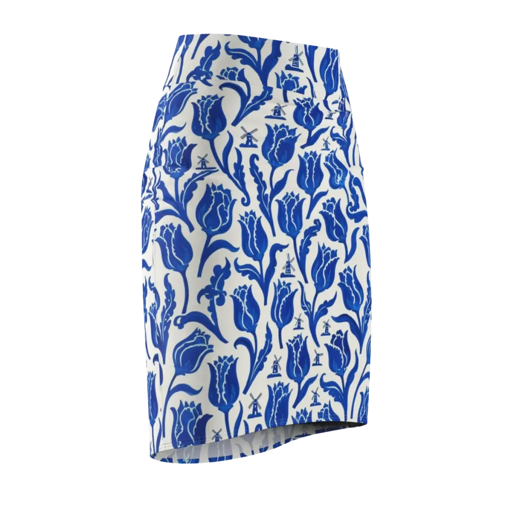Blue Windmill Garden on Pencil Skirt — Front Side