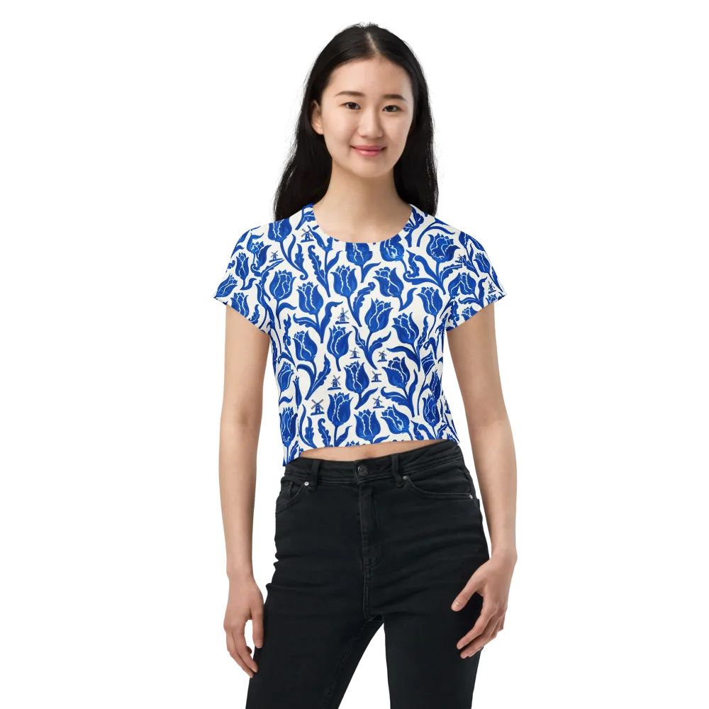 Blue Windmill Garden on Crop Tee — Front