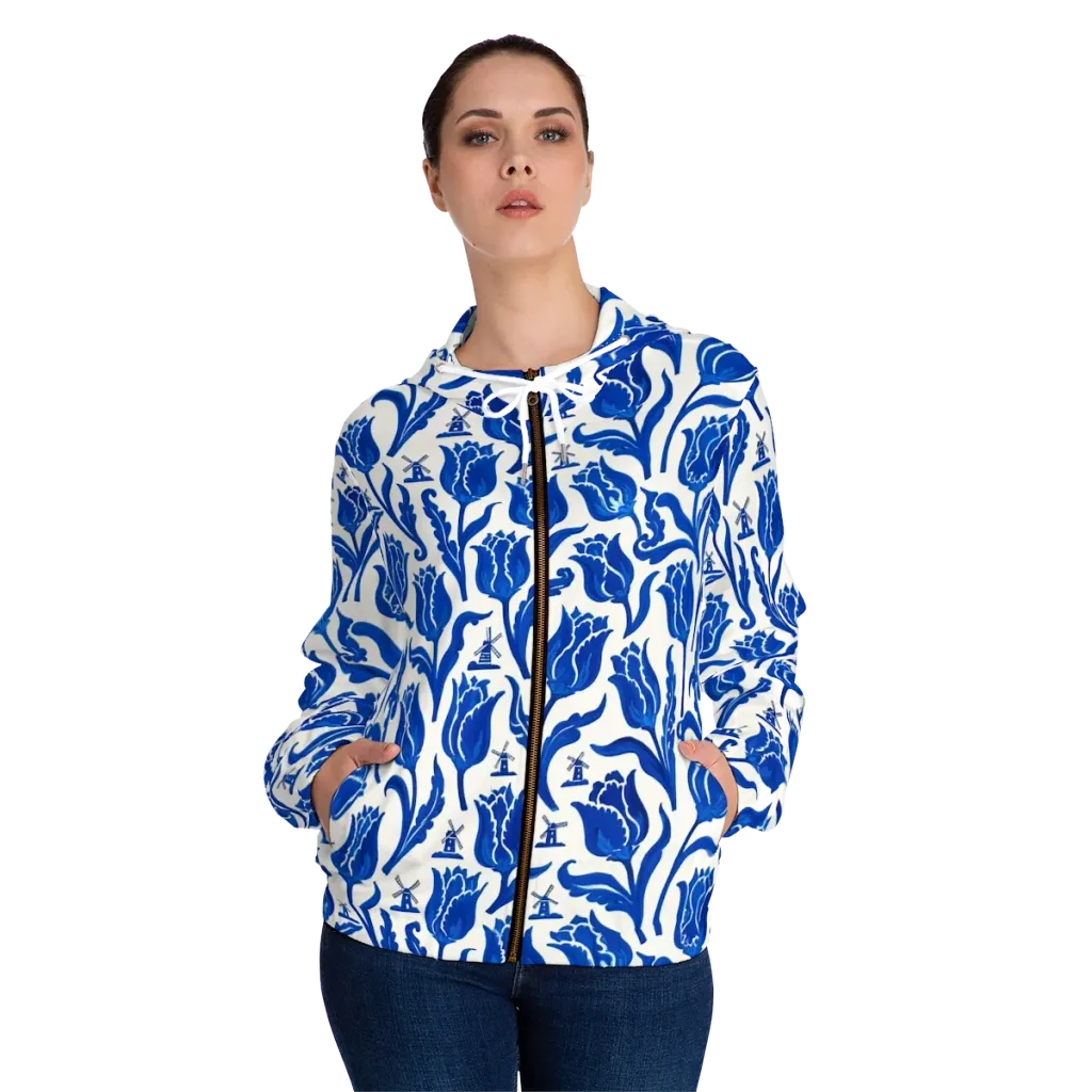 Blue Windmill Garden on Women's Full-Zip Hoodie — Front On Person