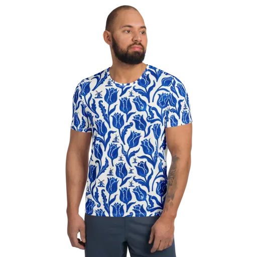 Blue Windmill Garden on a Men's Athletic T-Shirt
