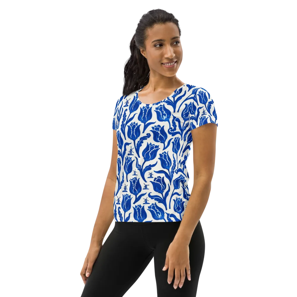 Blue Windmill Garden on Women's Athletic T-Shirt — Left