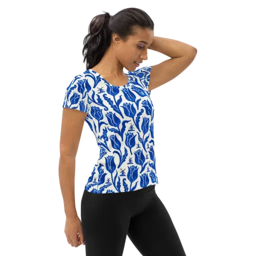 Blue Windmill Garden on a Women's Athletic T-Shirt