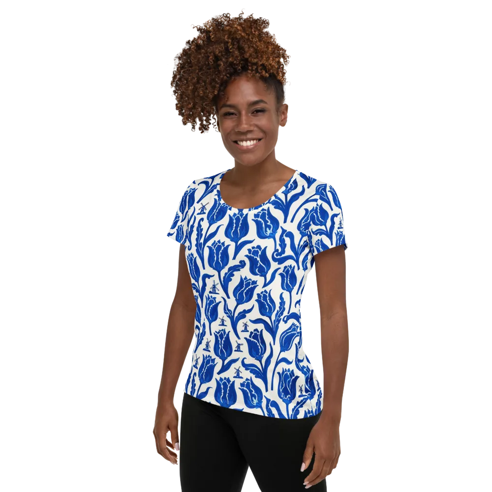 Blue Windmill Garden on Women's Athletic T-Shirt — Left