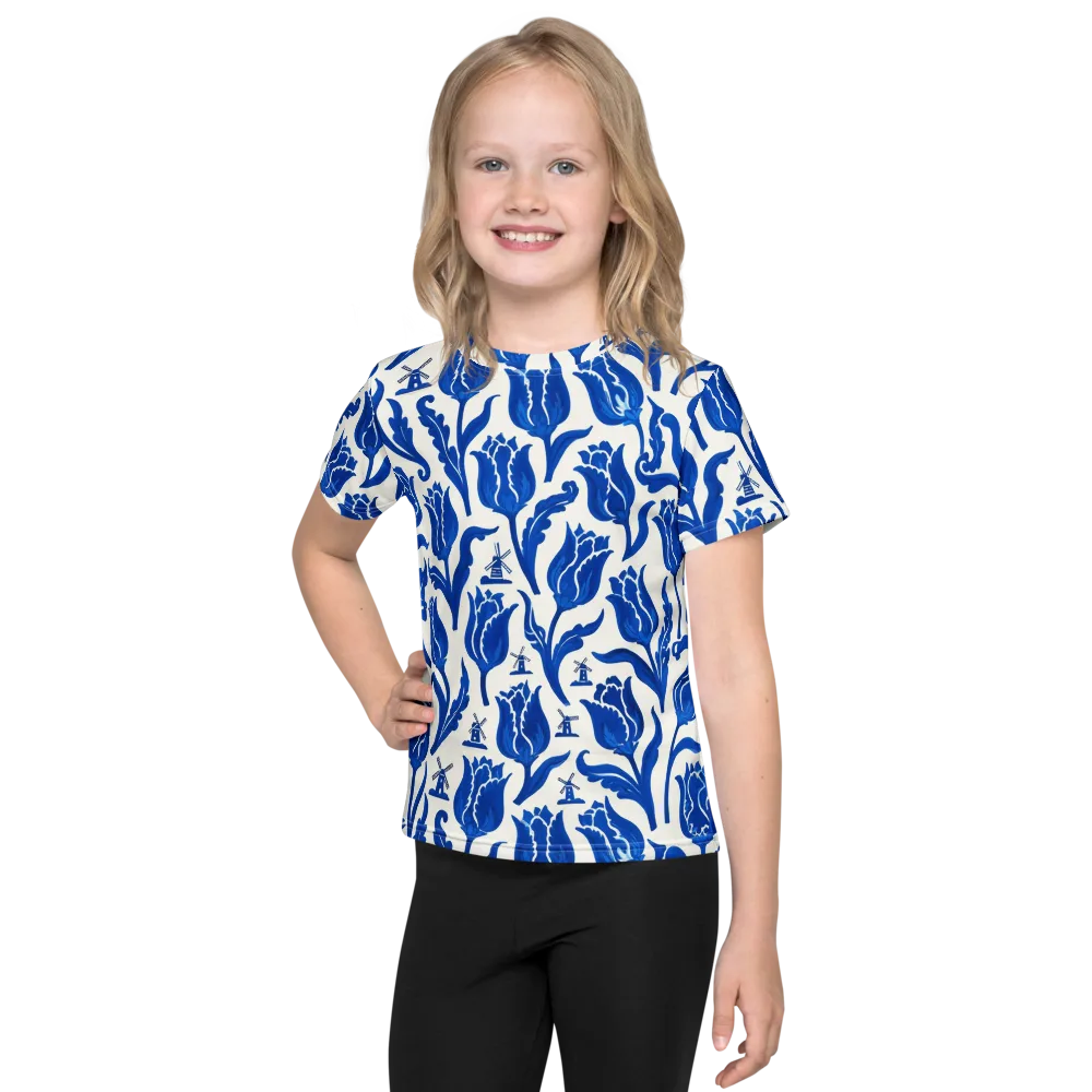 Blue Windmill Garden on Kids Crew Neck T-Shirt — Front