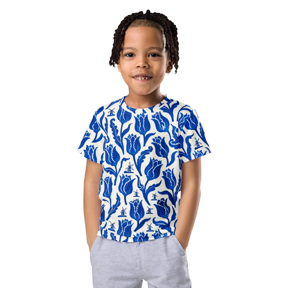 Blue Windmill Garden on Kids Crew Neck T-Shirt — Front