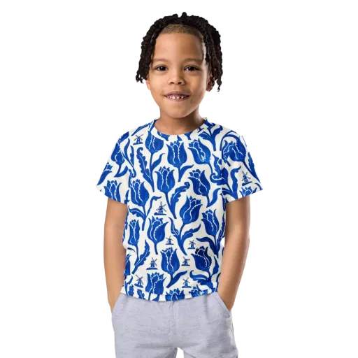 Blue Windmill Garden on a Kids Crew Neck T-Shirt