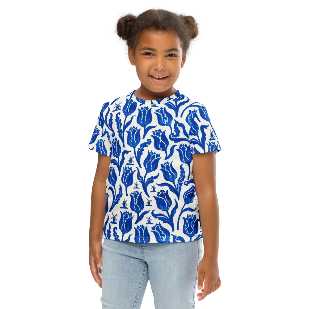 Blue Windmill Garden on Kids Crew Neck T-Shirt — Front
