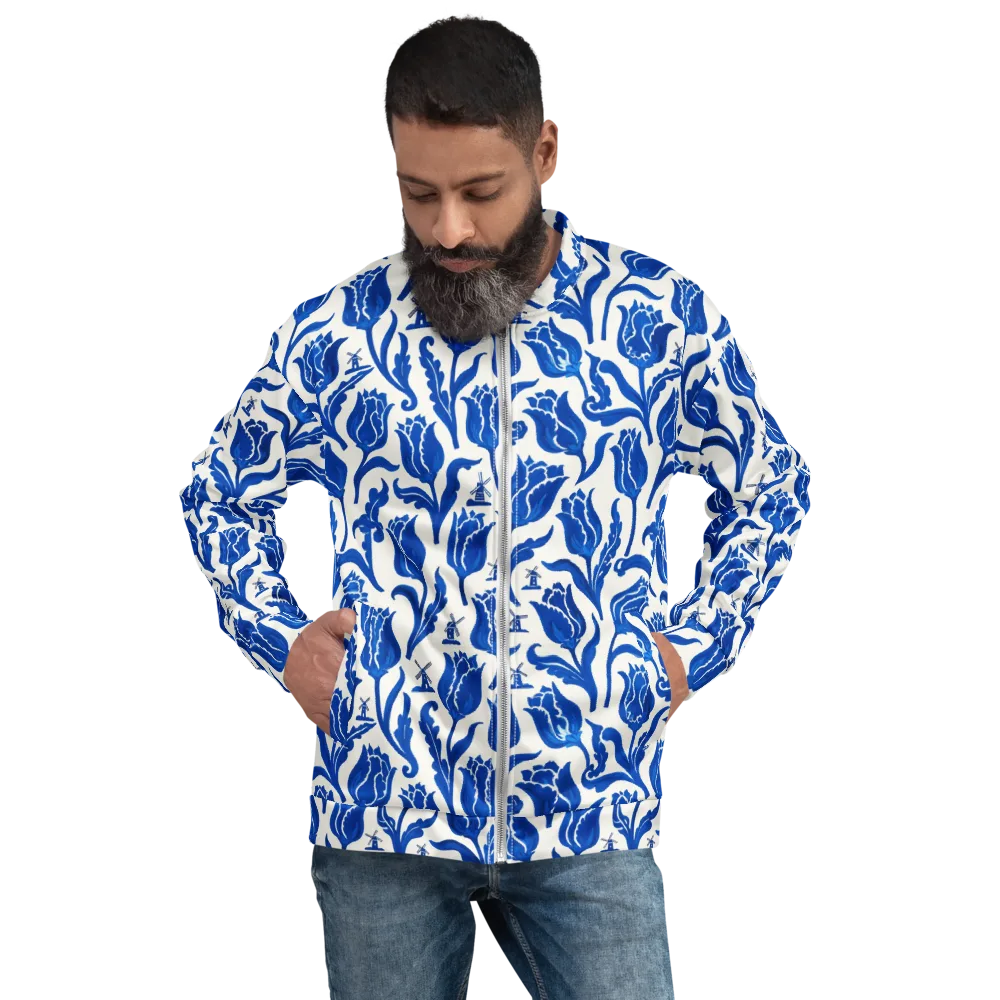 Blue Windmill Garden on Bomber Jacket — Front